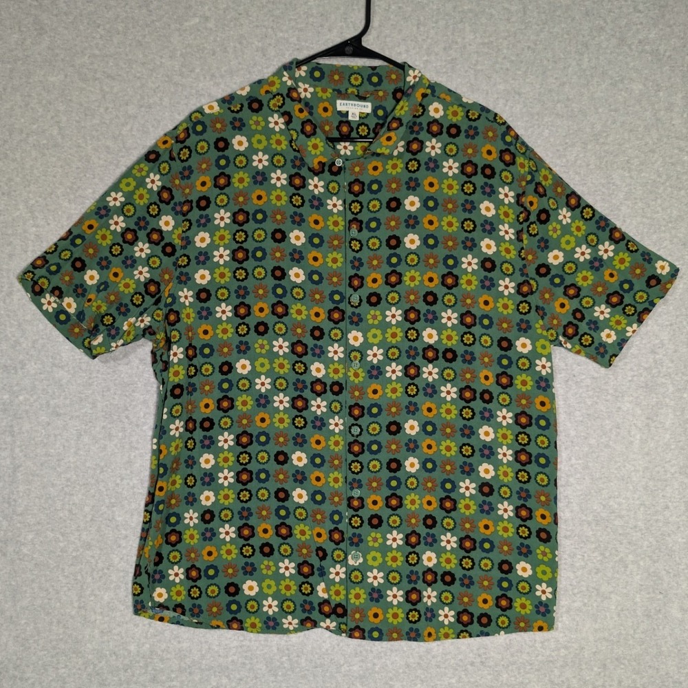 Earthbound Trading Co Button Up Shirt Mens XL Green Floral Retro Lightweight